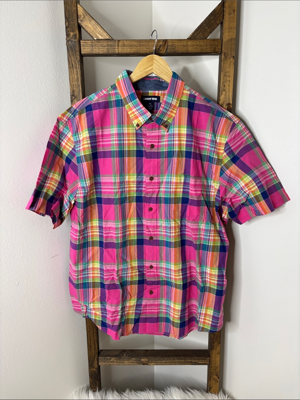 Lands' End Men's Pink Multicolor Plaid Short-Sleeve Button-Down Shirt